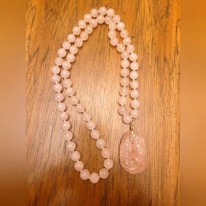 Heavy Chinese Carved Rose Quartz Pendant on Hand Knotted Beaded Necklace